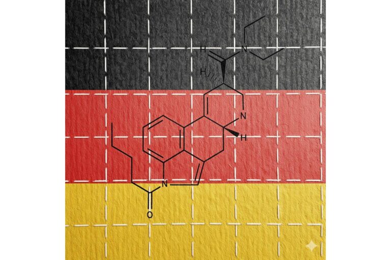 Chemical structure of a legal LSD analog (1S-LSD) overlaid on the German flag, symbolizing its current unscheduled status under German law.
