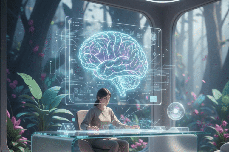 Illustration of a person sitting calmly with a microdose LSD tab and glowing brain, symbolizing mental clarity and emotional well-being.